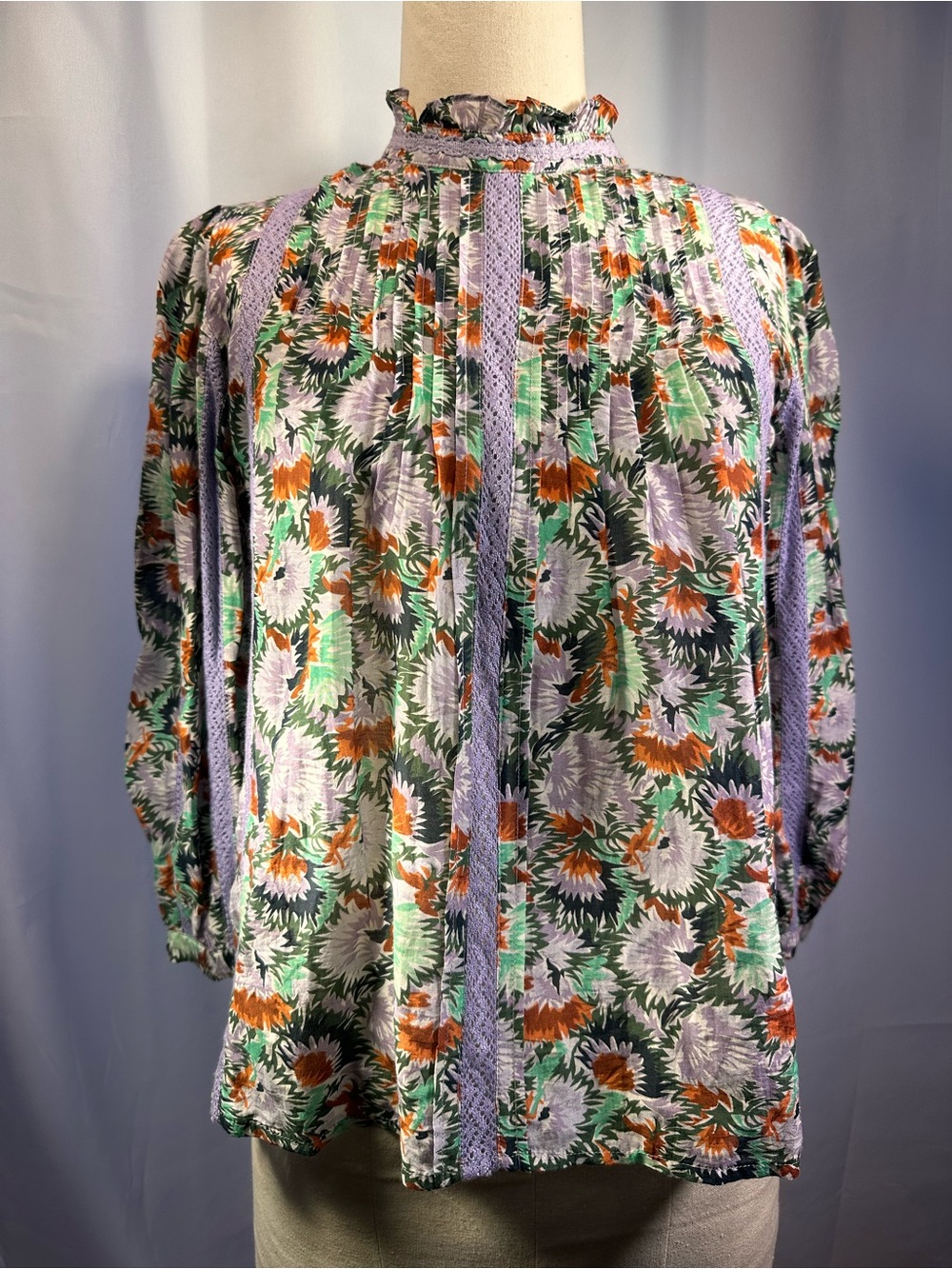 Brora Cotton and Silk Floral Lavender & Green Long-Sleeve Peasant Blouse